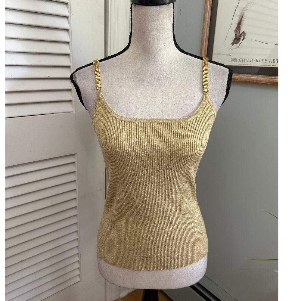 Vintage Pointelle Tank Top Womens Small Metallic Gold Fitted Ribbed Knit Y2K